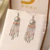 Pendientes creativos de cadena larga con borlas de turquesa vintage para mujer, pendientes de cuentas de arroz antiguas de moda europea y americana, estilo étnico