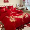 Conjunto de Casamento de Alta Qualidade Estilo Chinês Quatro Peças Grande Vermelho Bordado Colcha de Dote para Casamento Capa de Edredom Lençol de Cama Roupa de Cama para Quarto de Recém-Casados