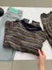 Camiseta de manga larga con rayas jacquard tejidas de hilo de algodón grueso para mujer, estilo literario japonés relajado, cuello redondo, prenda básica para otoño e invierno