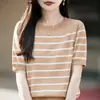 Suéter de punto de algodón de manga corta a rayas retro francés con cuello redondo, adelgazante, agradable para la piel, camiseta top