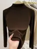 Camiseta Manga Longa Gola Meia-Alta Regular Melanóide Bambu Escovado Algodão Ombro Normal Top Versátil Emagrecedor Gola Integrada Outono