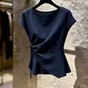 Top Feminino Único, Lindo e Super Estiloso, Novo Verão 2026, Estilo Retrô Francês, Azul Marinho, Amarração Lateral para Ajustar a Cintura