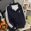 Moletom Patchwork Retrô com Gola Alta Estilo Japonês Americano para Homens Primavera e Outono Novo Casal Versátil Solto Casual Pulôver Moletom