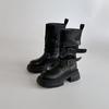 Botas de Couro Retro Versáteis de Salto Alto Botas com Solado Grosso Texturizado para Mulheres Outono e Inverno Estilo Britânico Botas de Moda de Salto Grosso Pequeno