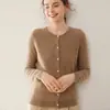 Cárdigan de cachemira con cuello redondo para mujer, cachemira fina de color liso, tejido suelto, chaqueta suéter, estilo ajustado