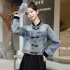 Jaqueta Jeans Curta para Mulheres, Primavera e Outono, Top com Botões Estilo Retrô, Novo Estilo 2025, Design Patchwork, Jaqueta Estilo Chinês, Outros