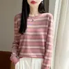 Manga Larga Raya Fresco Pequeño Floral Caída Suave Tencel Lyocell Versátil Tejido de Punto Cuello Redondo Capa Base Viaje