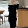 Vestido Petito Blanco con Encaje Empalmado y Botones de Perla de una Sola Fila, Vestido Elegante y Grandioso para Mujer, Vestido de Otoño para Mujer