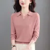 2026 Primavera/Outono Novo Estilo Gola Polo Malha Camada Base Lapela Meia-idade Manga Longa Versátil Redutor de Idade Emagrecedor Top para Mulheres