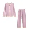 Novo Conjunto de Roupa de Casa Confortável Feminina Outono e Inverno Decote V Design Color Block Flor Plissada Tridimensional Peça Casual
