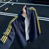 Sudadera con capucha de punto gris con tres rayas y estampado de flor blanca para hombre, Otoño, Cleanfit, Ropa deportiva, Chaqueta de pareja americana