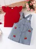 Conjunto de Duas Peças Amazon para Meninas - Top Vermelho de Verão Sem Mangas com Mangas Leves + Saia Jeans com Suspensório Bordada de Cereja