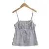Camisola Retro de Cuadros Dulce y Picante con Lazo para Cintura, Cuello en V, Botones, Top de Verano Nuevo Ajustado Sexy