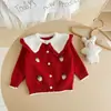 Conjunto de Dos Piezas para Niña: Suéter y Falda a Cuadros para Primavera y Otoño, Cárdigan de Punto con Cuello Peter Pan para Bebé, Conjunto Infantil de Fresa Rojo