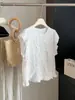 Camisa Blanca de Puntos Manga Corta para Mujer, Nuevo Estilo de Verano, Estilo Coreano, Estilo Suave, Corte Holgado, Adelgazante, Versátil, Top que Reduce la Edad