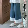 Camisa tipo muñeca de verano 2026 para niñas mayores, con volantes en las mangas, delgada, con ribete de encaje, Jeans de pierna recta