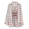 Moda de Verano de Comercio Exterior Europeo y Americano 2024 Cuadros con Volantes sin Tirantes Shorts de Manga Larga Conjunto de Tres Piezas de Algodón y Lino Ropa de Casa para Mujer