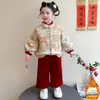 Conjunto Festivo de Inverno com Forro de Fleece para Meninas, Traje Hanfu Tang Estilo Chinês Infantil, Roupa de Inverno Quente e Festiva para o Ano Novo para Meninas