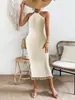 Estilo Vacaciones de Verano Nuevo Vestido con Borlas, Cuello Halter y Correas de Atar, Elegante y con Estilo Vestido de Punto de Viaje de Longitud Media