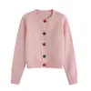 Cardigan de Tricô Rosa Flor de Cerejeira de Luxo de Alta Qualidade Início da Primavera 2026 Casaco Suéter Colorido com Botão de Veludo Bolso Redondo