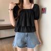Albaricoque camisa de muñeca con tirantes descubiertos y manga abullonada para mujer verano 2024 nuevo chic cuello cuadrado manga corta camisa top corto