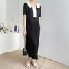 Vestido de punto plisado, suelto, que cubre el vientre, con solapa grande, diseño de color contrastante, estilo nicho coreano, elegante y antiedad.