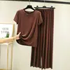 Conjunto pijama de duas peças novo para primavera e verão, de algodão modal de manga curta para mulheres, calça larga casual solta, tamanhos grandes para casa