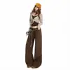 Pantalones casuales de pierna ancha de color liso, versátiles, estilo americano, sueltos, con cordón, cintura elástica, con bolsillos, pierna recta suelta, transfronterizos 2026