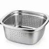 Escorredor de Aço Inoxidável Extra Espesso Camada Dupla Quadrado Fundo Plano Cesta para Lavar Frutas Filtragem de Água Tigela para Lavar Legumes e Arroz Cozinha