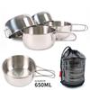 Conjunto Tigela Dobrável para Exterior Aço Inoxidável 304 Montanhismo Camping 650ml Grande Conjunto de 4 Peças Copo Tigela Dobrável Combinação Talheres