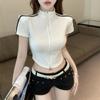Jaqueta Listrada com Zíper Estilo Esportivo Casual Feminina Slim Justa Curta Sexy Gola Alta Manga Curta Camiseta