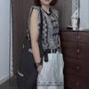 25337 Big Aimei Yiyuan 2025 Verão Novo Estilo Francês Retrô Sem Manga Estampado Blusa Casual Calça de Perna Larga para Mulheres
