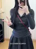 Nuevo Estilo de Principios de Otoño Top de Encaje Empalmado Falso de Dos Piezas para Mujer, Camisa Elegante de Manga Larga con Ceñidor en la Cintura, Camisa Básica Elegante