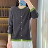 Cárdigan de Punto Bloque de Color con Cuello Redondo, Otoño e Invierno 2025, Chaqueta Suéter Gruesa de Manga Larga a la Moda para Mujer, Comercio Exterior de Invierno