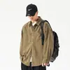 Camisa de trabalho resistente estilo americano off-white para homens, primavera e outono, forrada com fleece, top casual de corte solto, camisa de manga comprida moderna para homens