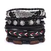 Yiwu Venta al por Mayor Set de Pulsera de Cuero para Hombre con Cuentas de Madera de Hoja Cuero Tejido Ajustable Estilo Geométrico Cadena Hecha a Mano