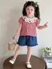 Conjunto de Ropa Dulce de Verano para Niñas con Cuello de Encaje Bordado Camisa a Cuadros y Jeans de Color Sólido Conjunto de Dos Piezas