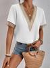 2022Wish Cruzamento de Fronteiras Ebay Amazon Gola V Renda Solto Blusa Roupa de Trabalho Manga Curta Feminina Caimento Solto