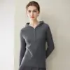 Moda de inverno nova blusa com capuz 100% caxemira pura casual versátil com zíper com capuz tricotada suéter quente