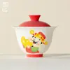 Juego de Té de Cerámica con Diseño Pintado a Mano del Dios de la Fortuna para Uso Doméstico - Taza de Té Principal Antiescaldante con Tapa