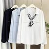 Talla Grande Mujer Otoño Nuevo Estilo Coreano 100kg Chica Gorda Moda Bufanda de Seda Camisa de Manga Larga con Cordones 7946