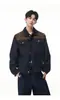 Jaqueta Jeans Masculina Outono Novo Estilo Patchwork Cor Contrastante Lã Alpaca Lapela Costura Contrastante Modelagem Solta Casual Top Jaqueta
