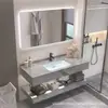 Conjunto de mueble de baño minimalista con lavabo de cerámica de losa de roca brillante, tocador de baño, lavabo, lavamanos, suite de baño