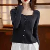 Cárdigan de punto trenzado de color liso estilo vintage para mujer con manga larga, Nuevo de Verano 2027 Abrigo Suéter Cuadrado Francés