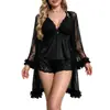Comercio Electrónico Transfronterizo Europa América Encaje Lencería Erótica Camisola Sexy Shorts Conjunto de Bata Exterior de Malla Venta al por Mayor de Fábrica