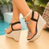 Sandalias color champán con mariposa de pedrería y perlas, con tira en T transparente, correa elástica en el tobillo y tacón de cuña de paja para vacaciones