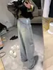 Jeans Blancos Lavados Rectos Estilo Retro Americano Talla Grande para Mujer, Estilo High Street, Corte Holgado, Pierna Ancha Adelgazante, Pantalones Fluidos de Largo Completo, Modernos