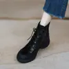 2026 Tendência Outono Novo Estilo Botas Chelsea Femininas Couro Macio Salto Alto Ponta Redonda Plataforma Solado Grosso Cadarço Botas de Cano Curto Com Veludo