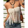 Novidades de verão europeias e americanas transfronteiriças: tops tubulares de crochê com franjas, coletes de crochê vazados com amarração e looks de praia da moda para mulheres estilosas