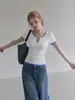 Camiseta de punto de manga corta color blanco con cuello en V de seda helada fresca ummoimoi para mujer, nuevo diseño de verano 2026 con colores contrastantes
